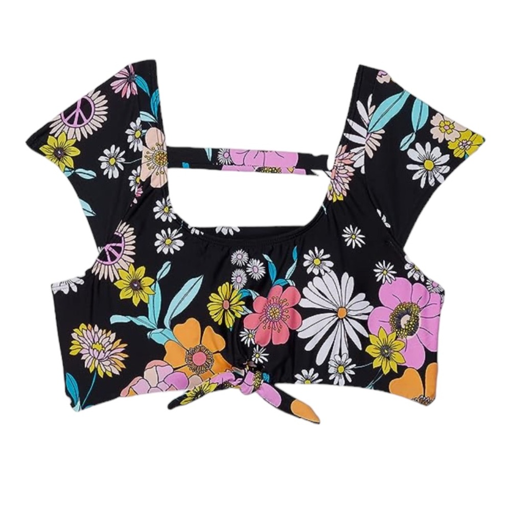 Hobie Bikini Girls 14 Peace, Love, & Daisies Cap Sleeve Black Floral - Picture 3 of 6